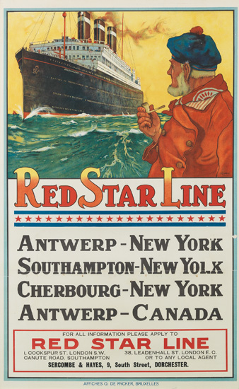 HENRI CASSIERS (1858-1944). RED STAR LINE. 39x24 inches, 99x61 cm. O. de Rycker, Brussels.
